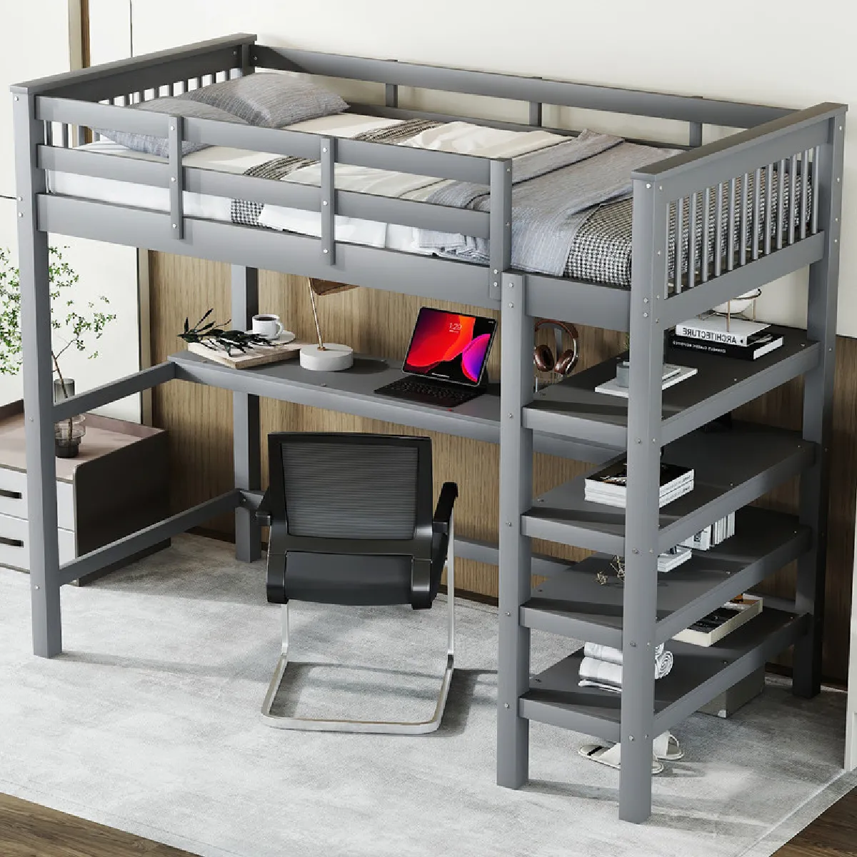 Lit mezzanine enfant 90x200cm - 2 places - avec bureau et étagères de rangement - bois de pin et MDF - gris - Certifié EN747