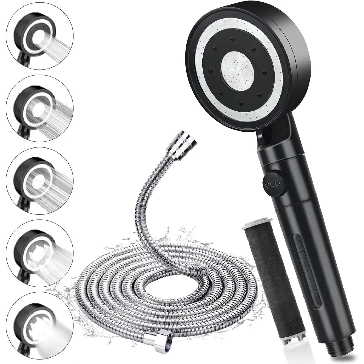 vendos85 - Pommeau de douche à main - 6 modes - Haute pression - Noir - Image 2