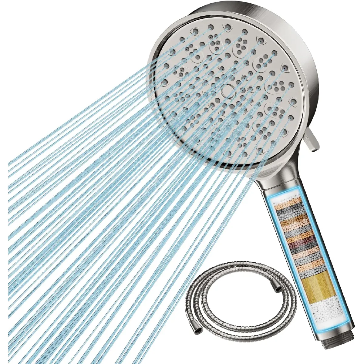 Vendos85 Gris Pommeau De Douche Filtrant 20 Couches - 150 Cm - 6 Jets - Carré