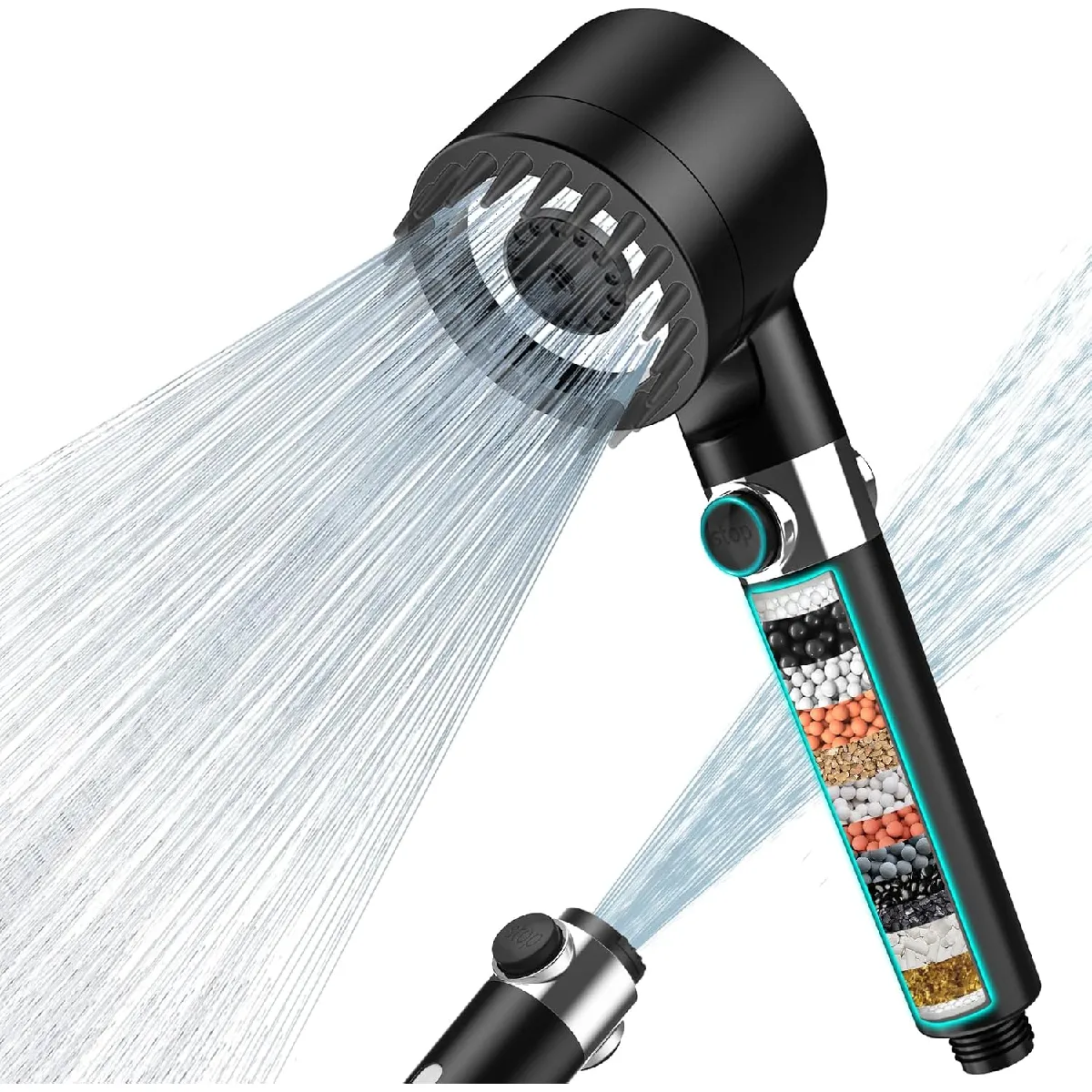 Vendos85 Noir Pommeau De Douche Filtrant Haute Pression - 150 Cm - 4 Jets