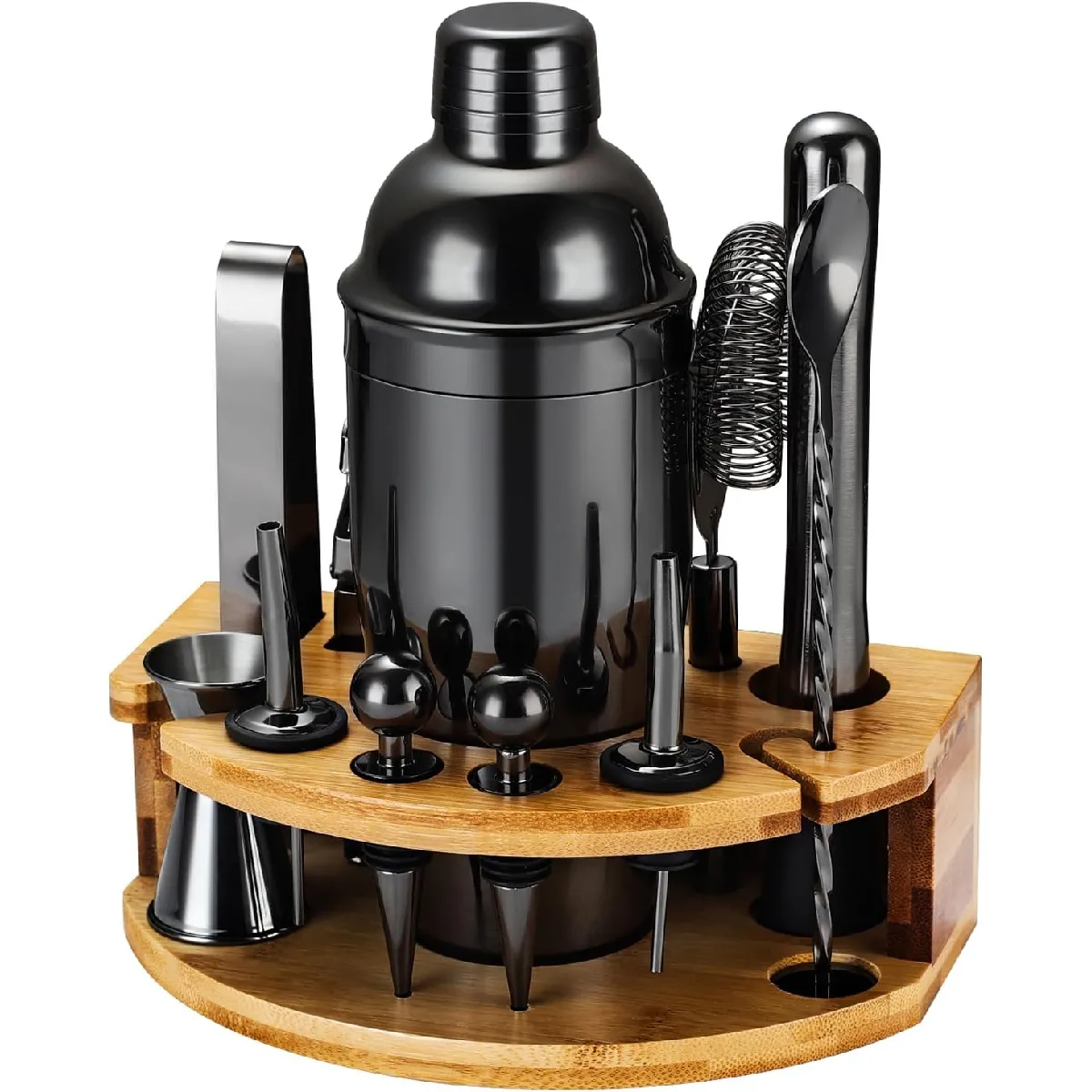 Vendos85 Noir Kit Cocktail 12 Pièces En Acier Inoxydable Et Bambou