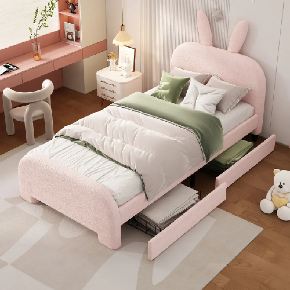 Lit enfant 90x200 cm avec deux tiroirs, en peluche, rose