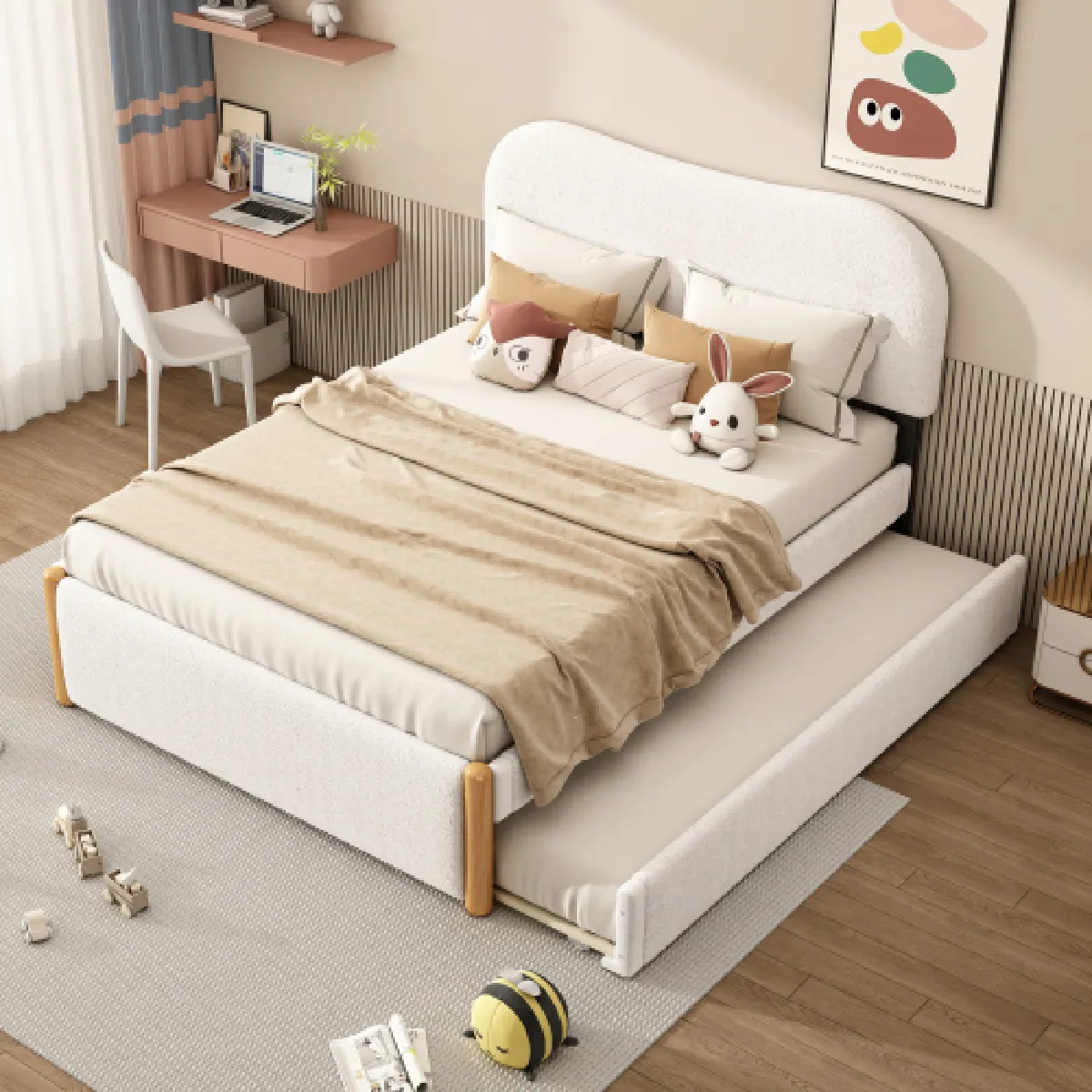 Lit gigogne 140x200 cm, en peluche, blanc