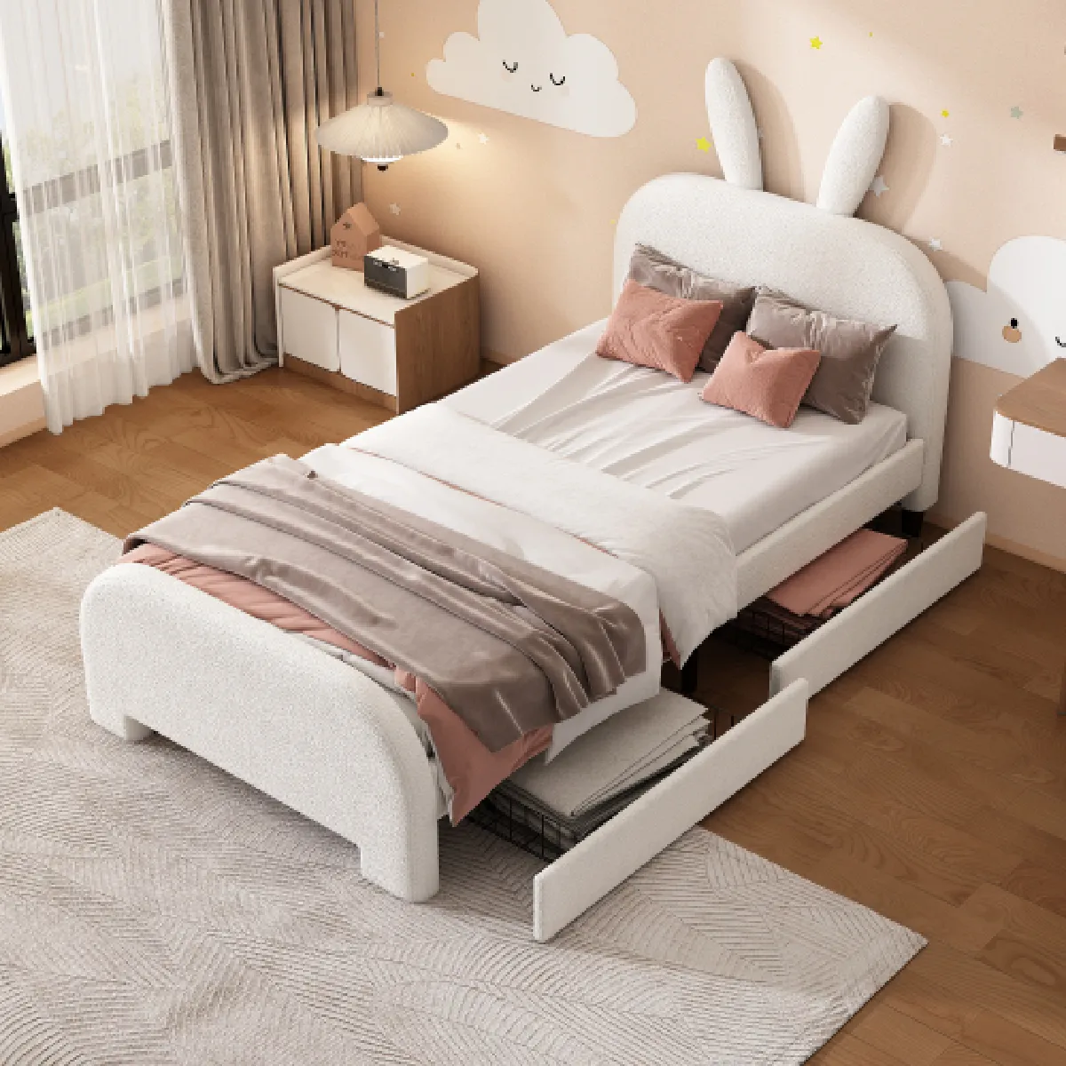 Lit enfant 90x200 cm avec deux tiroirs, en peluche, blanc