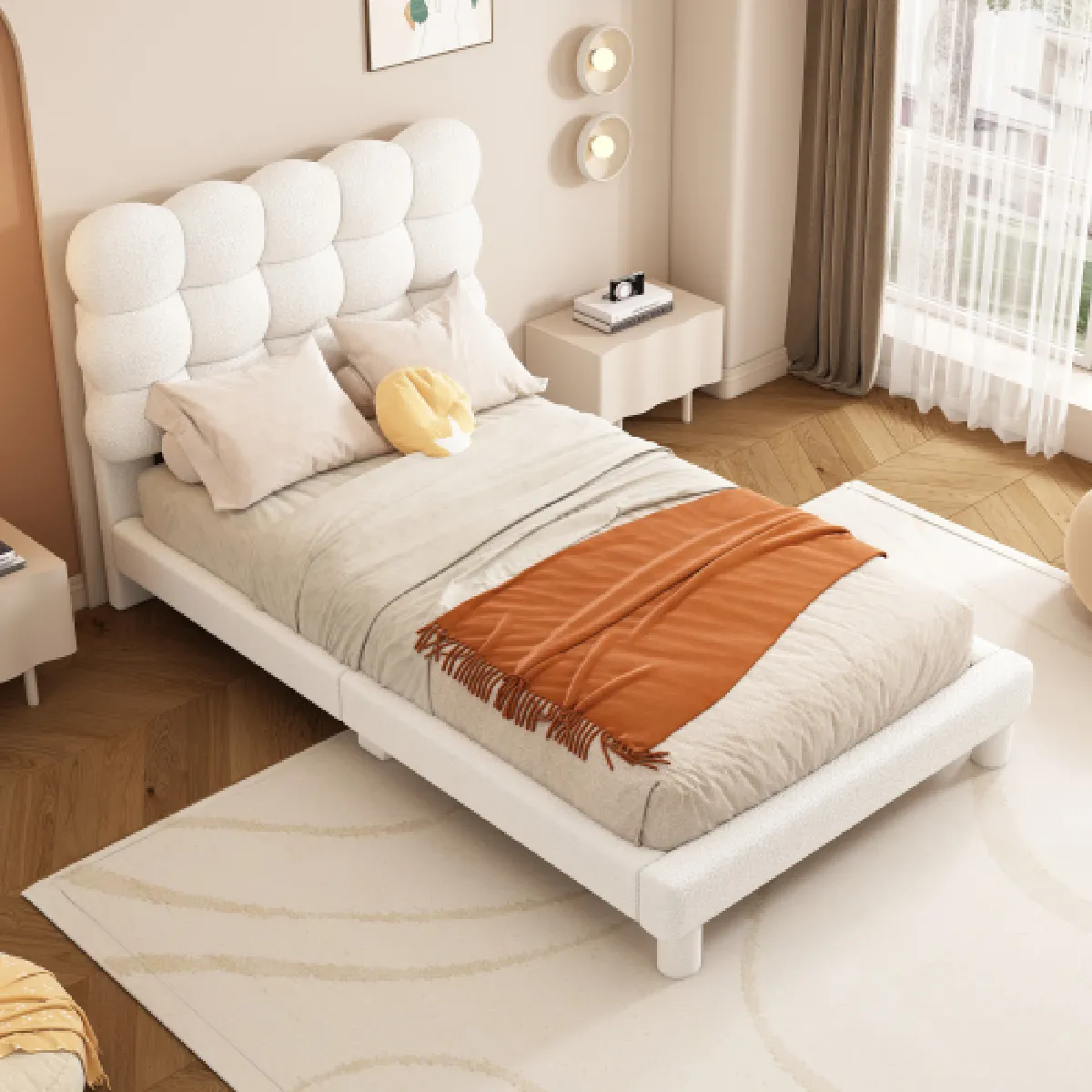 Lit enfant 90x200 cm avec tête de lit réglable, en peluche, blanc
