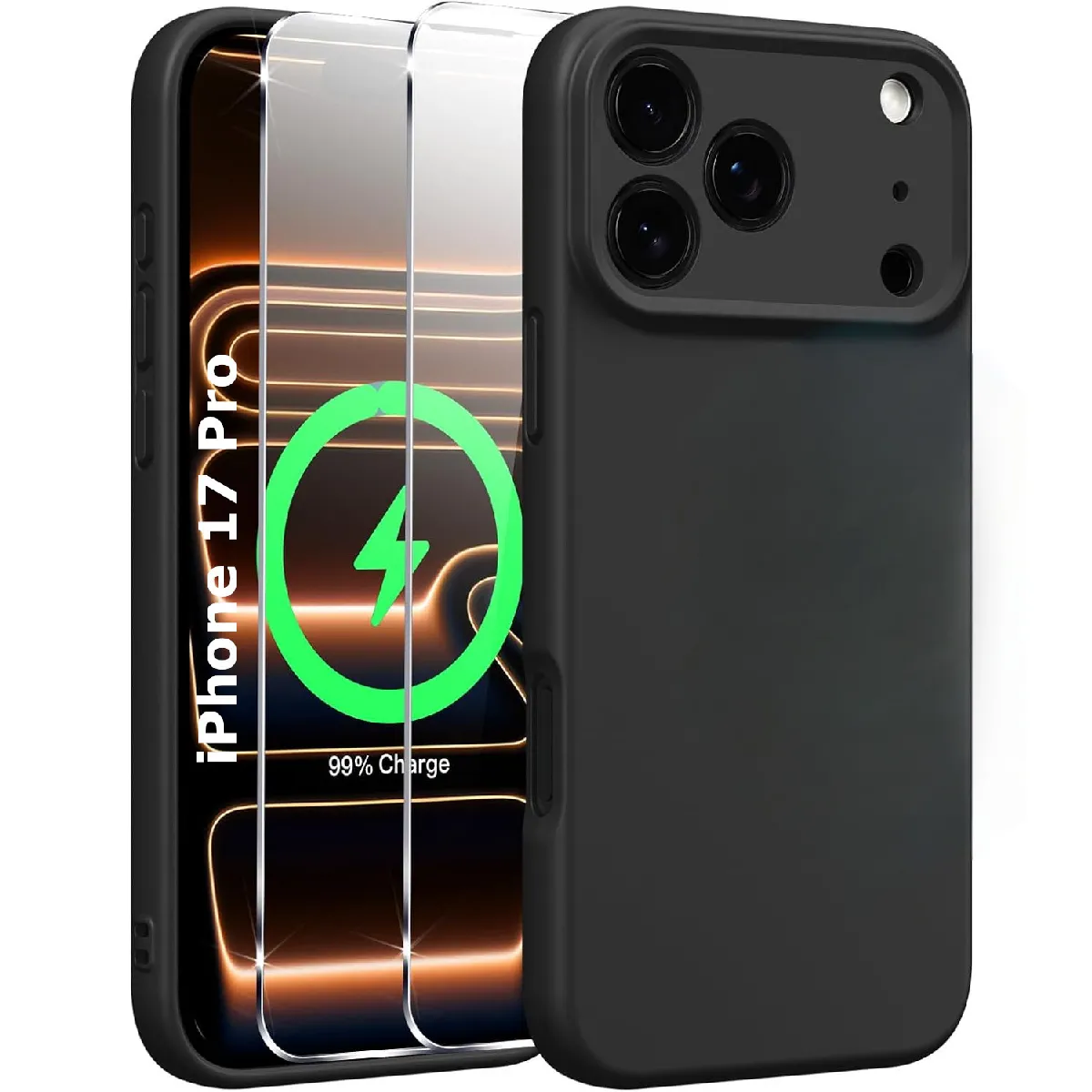 Coque Pour iPhone 17 Pro Silicone Noir + 2 Verres Trempes