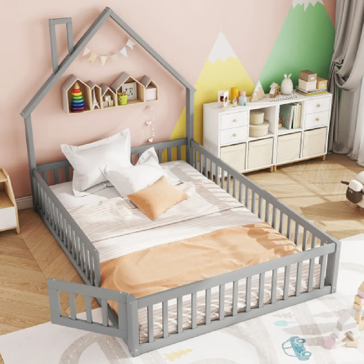 Lit enfant 140x200 cm avec sommier à lattes en pin