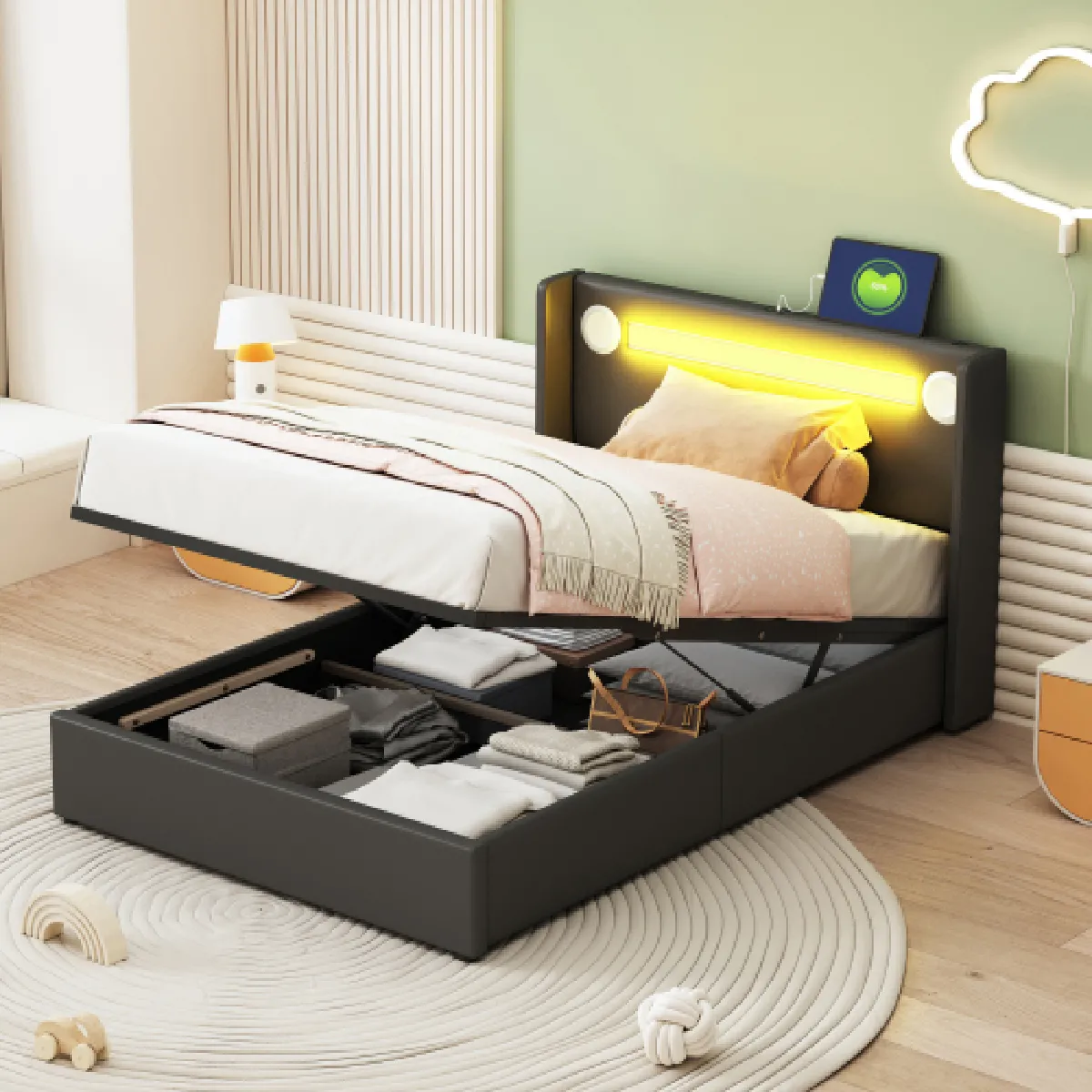 Lit coffre 90x200 cm avec LED, lecteur Bluetooth et USB, en similicuir, noir