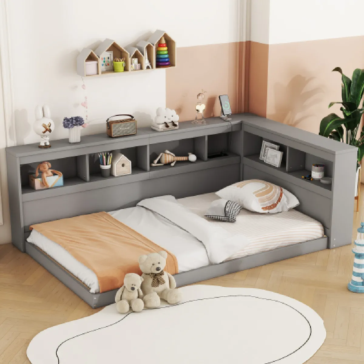 Lit enfant 90x200 cm avec prise électrique et USB, en panneaux de particules, gris