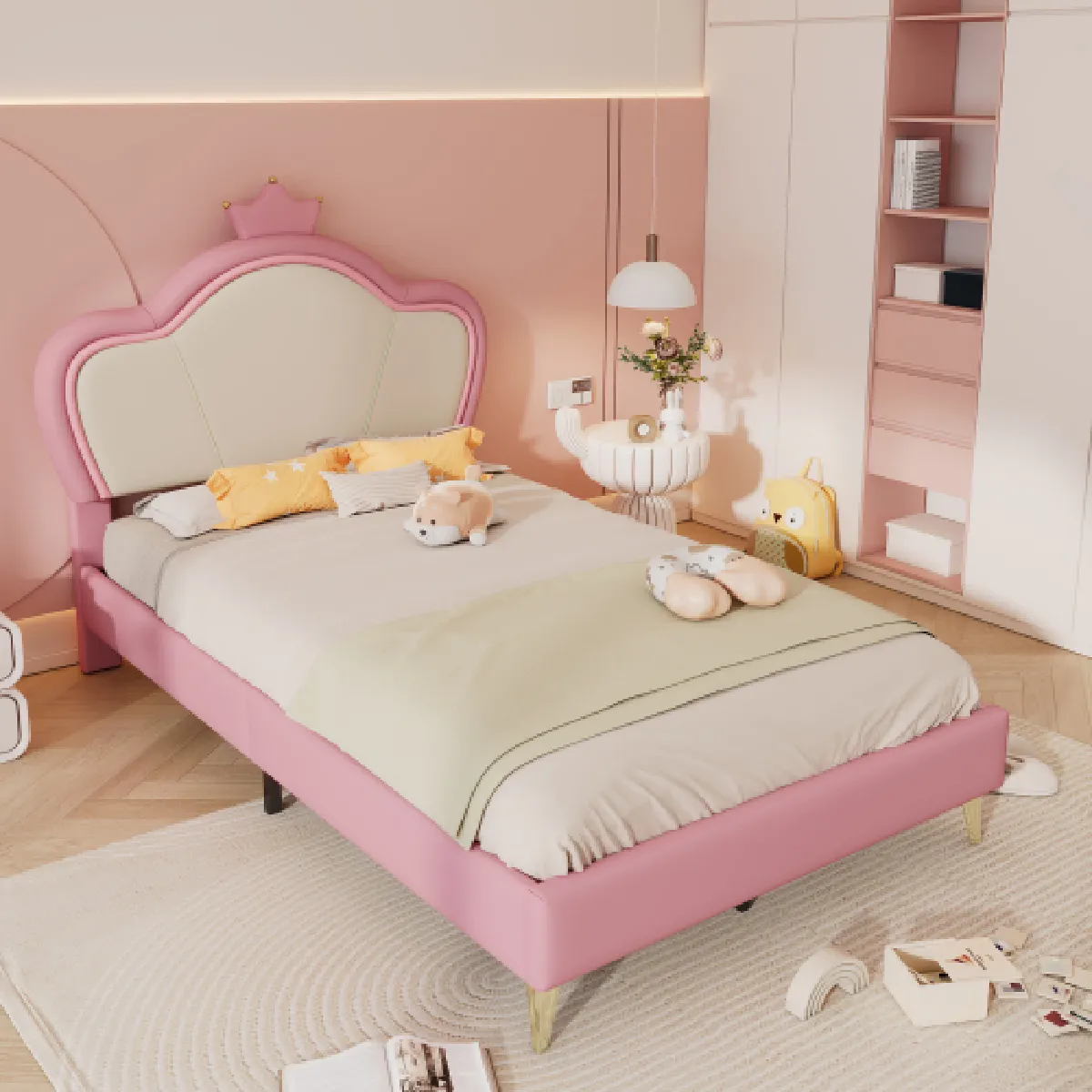 Lit enfant 90x200 cm avec tête de lit, en similicuir, rose
