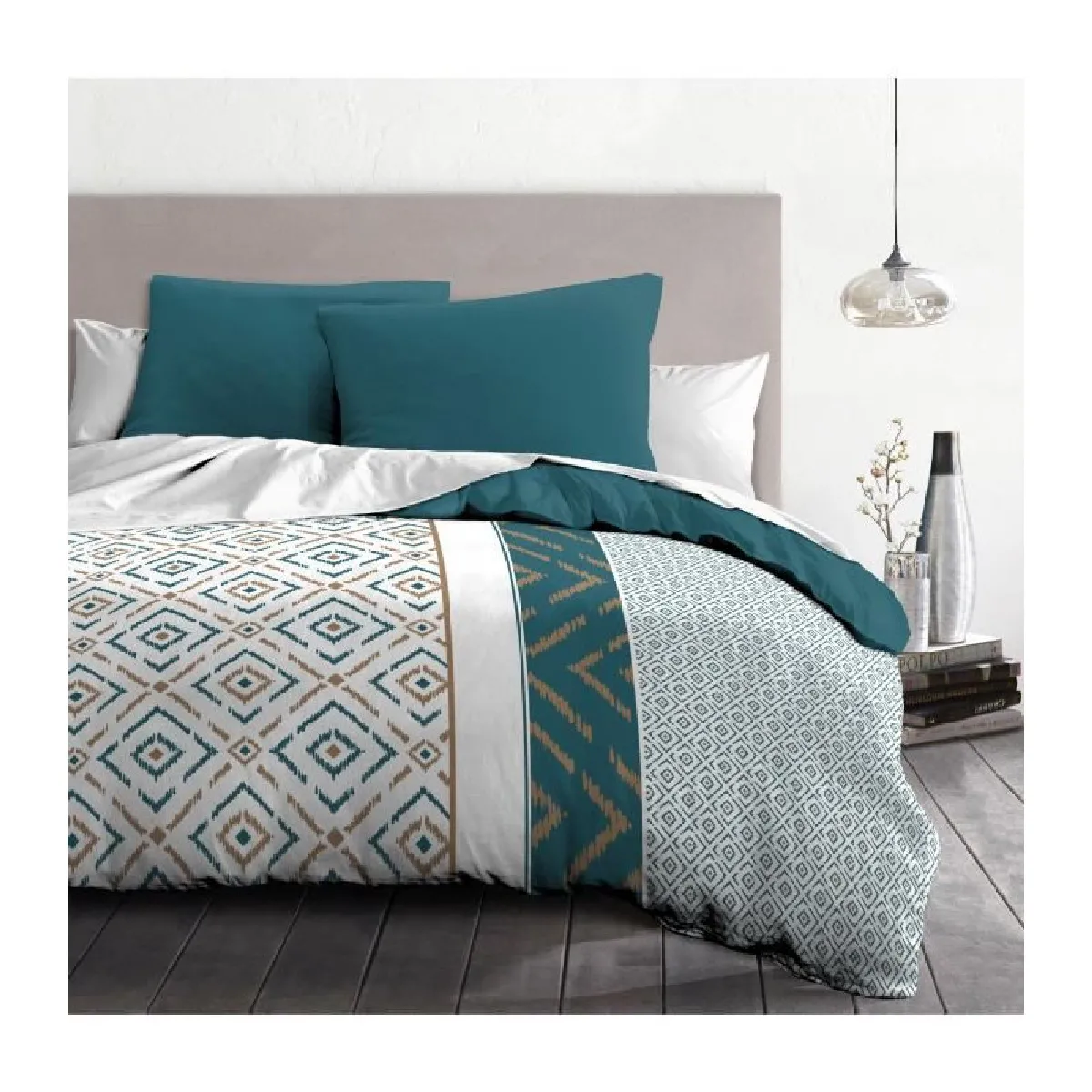 parure de couette microfibre ethno - 1 housse de couette 240x260 cm + 2 taies d'oreiller 63x63 cm - bleu canard - home linge .