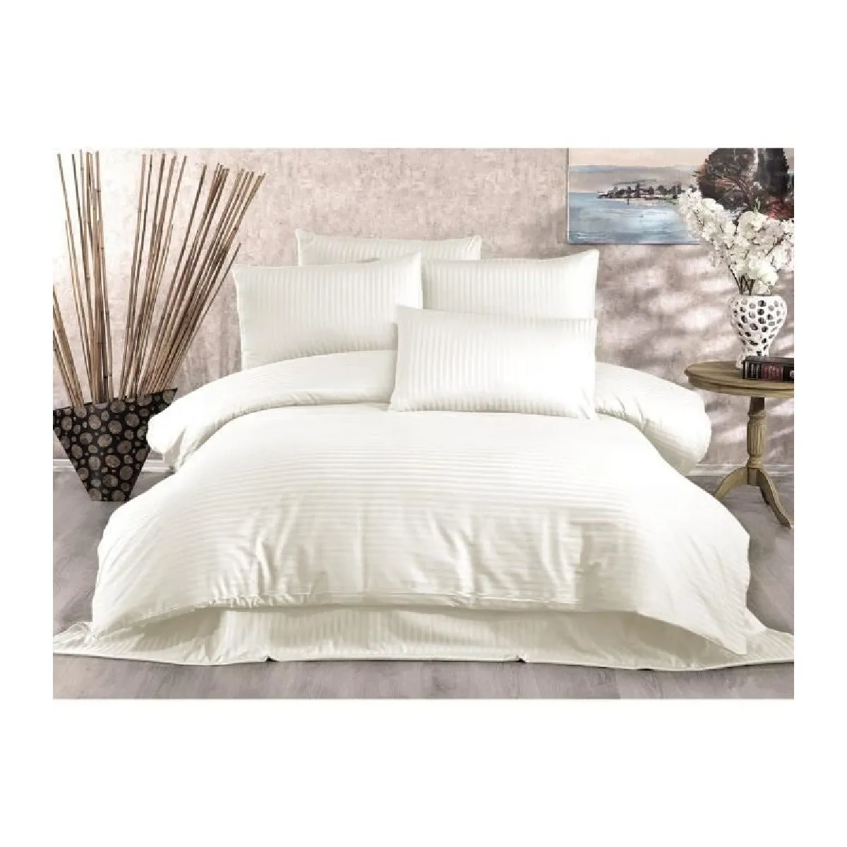 Parure de lit - 1 housse de couette 220 x 240 cm + 2 taies d'oreiller 60 x 60 cm - 80% coton, 20% polyester - Crème