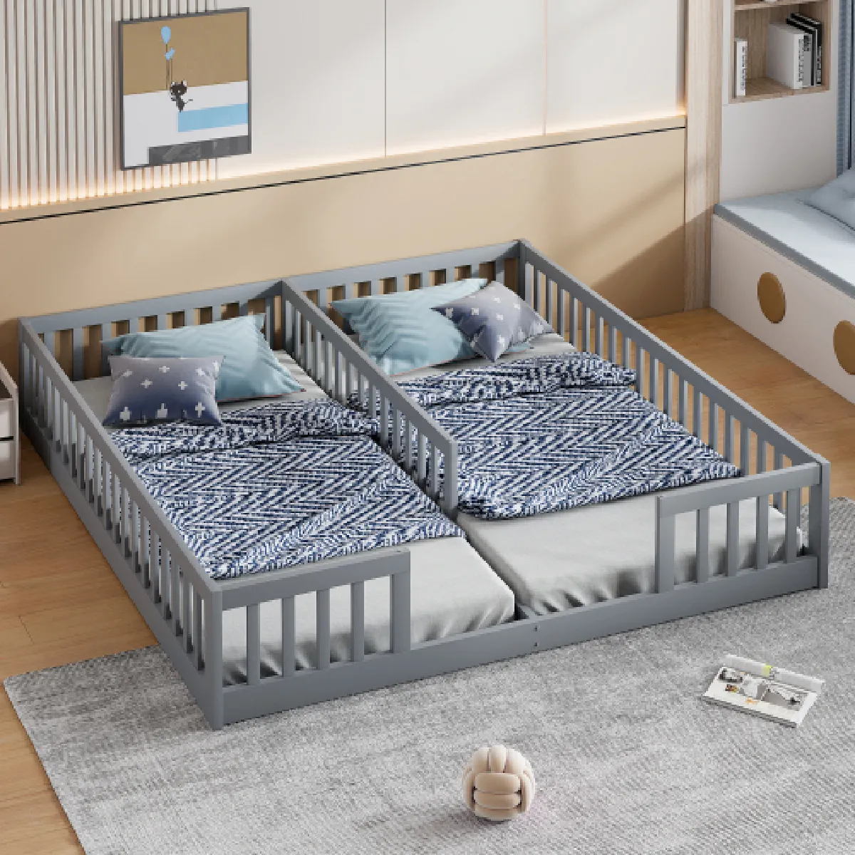 Lit enfant 90x200 cm avec barrière, en pin, gris