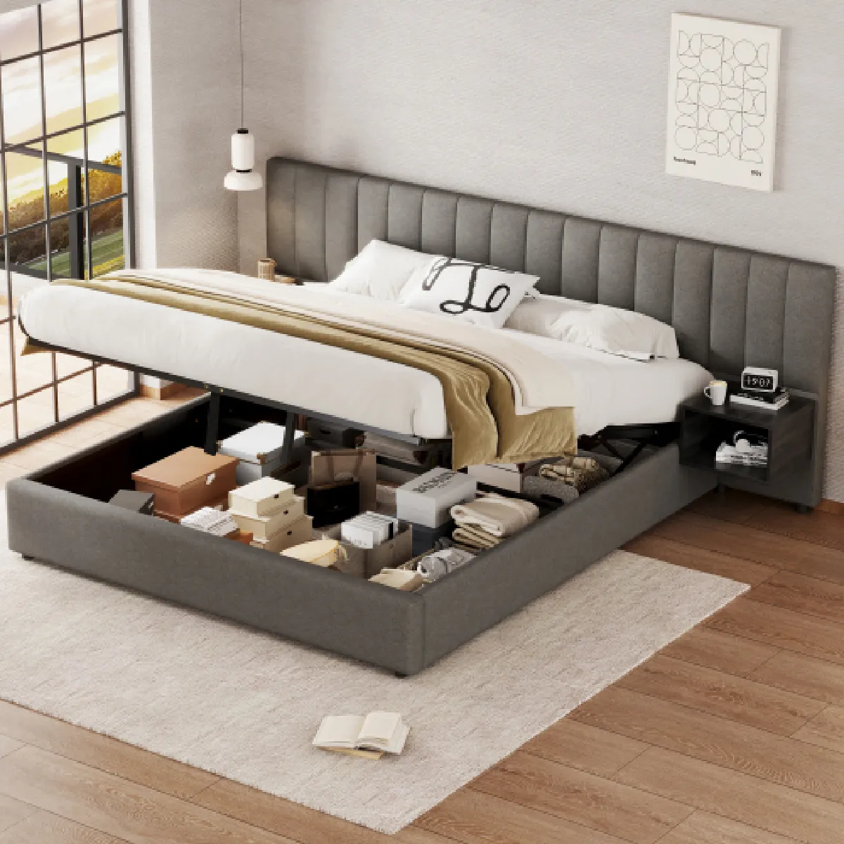 Lit coffre 180x200 cm avec deux tables de chevet, en lin, gris
