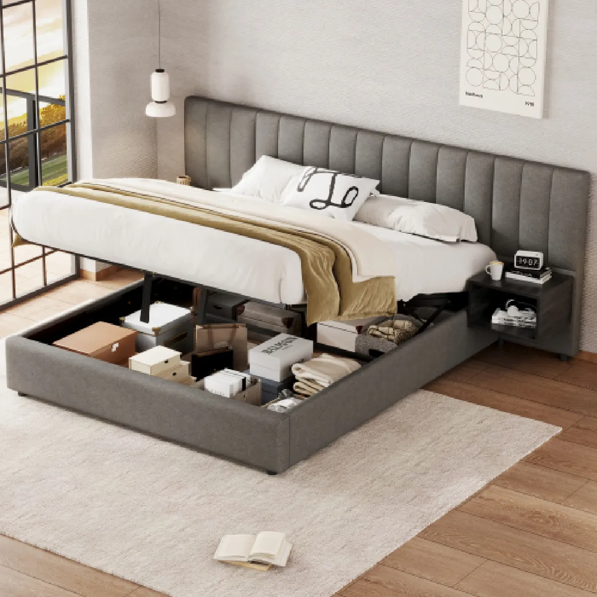 Lit coffre 160x200 cm avec deux tables de chevet, en lin, gris