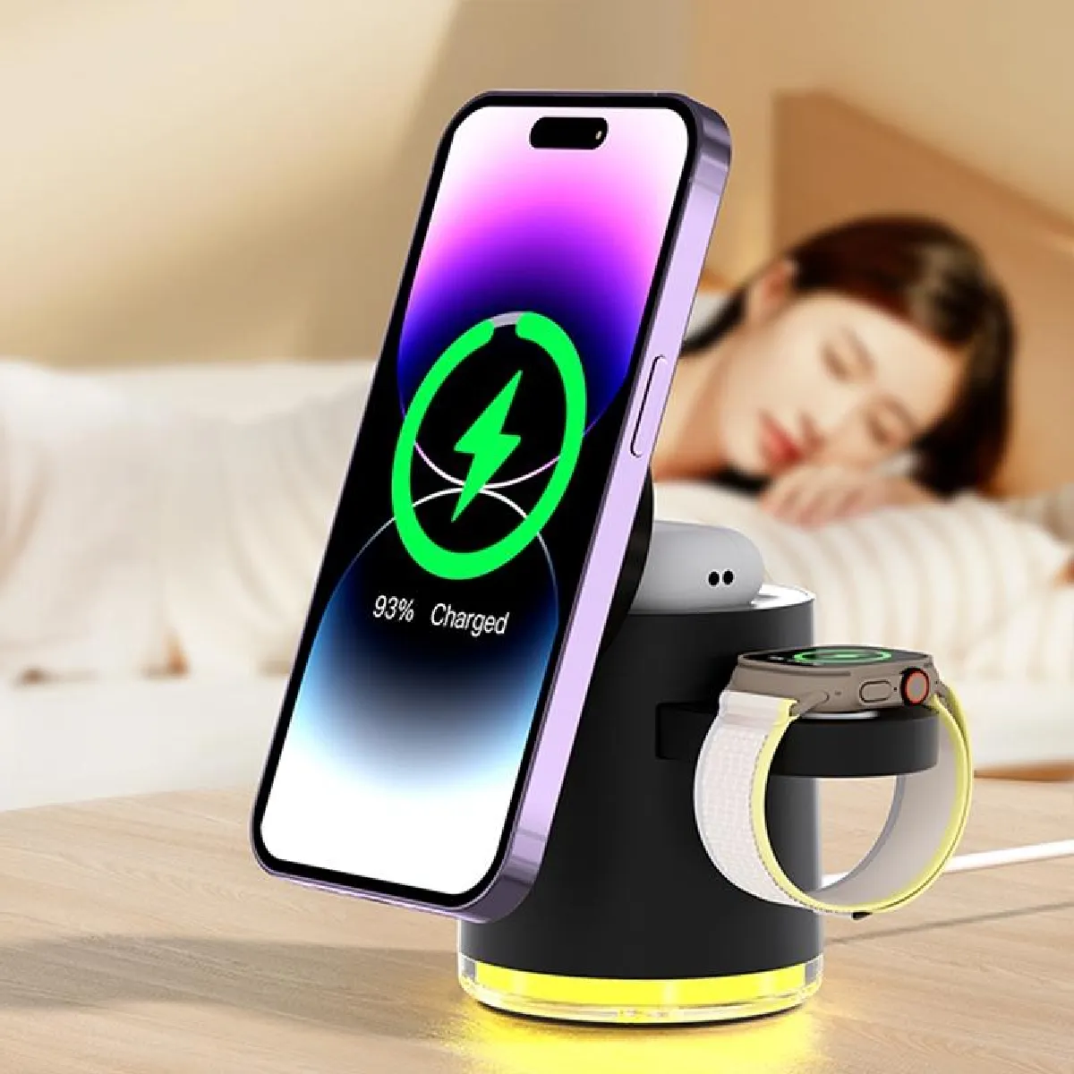 Yonis Noir Station De Charge Sans Fil 4-En-1 - 15 W