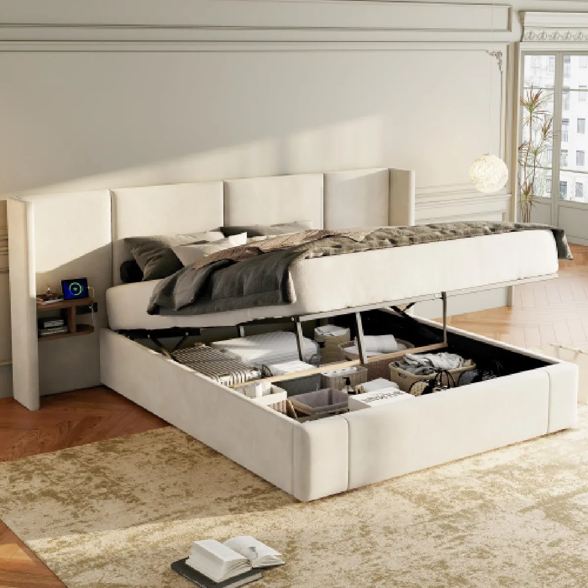 Lit coffre 160x200 cm avec USB, prises et deux tables de chevet, en velours, beige