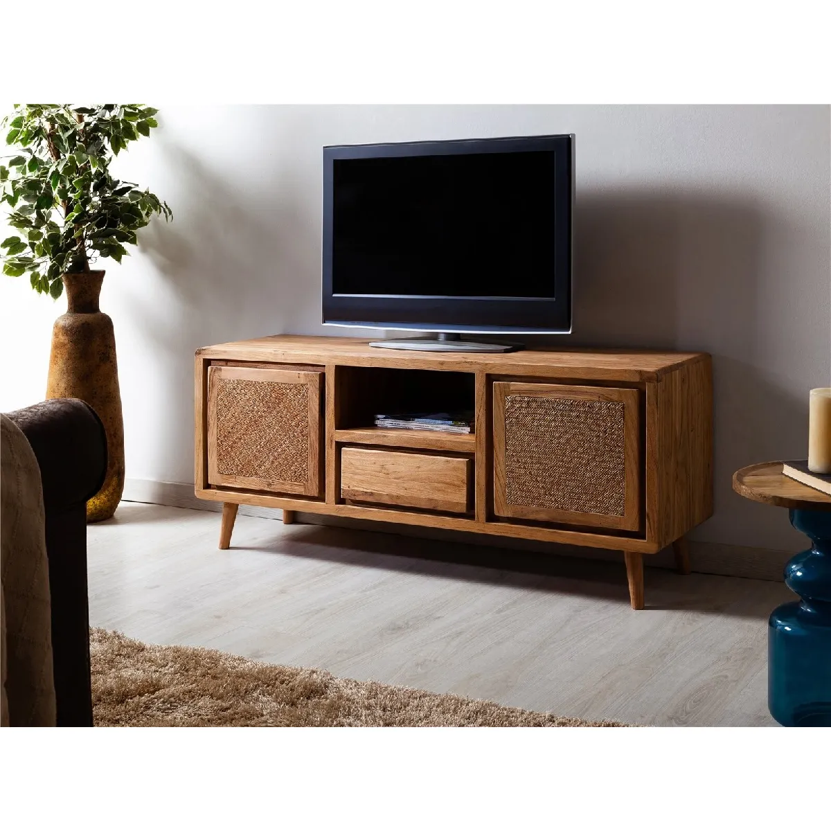 Meuble TV Nori, acacia/rotin, 140 x 40 x 60 cm