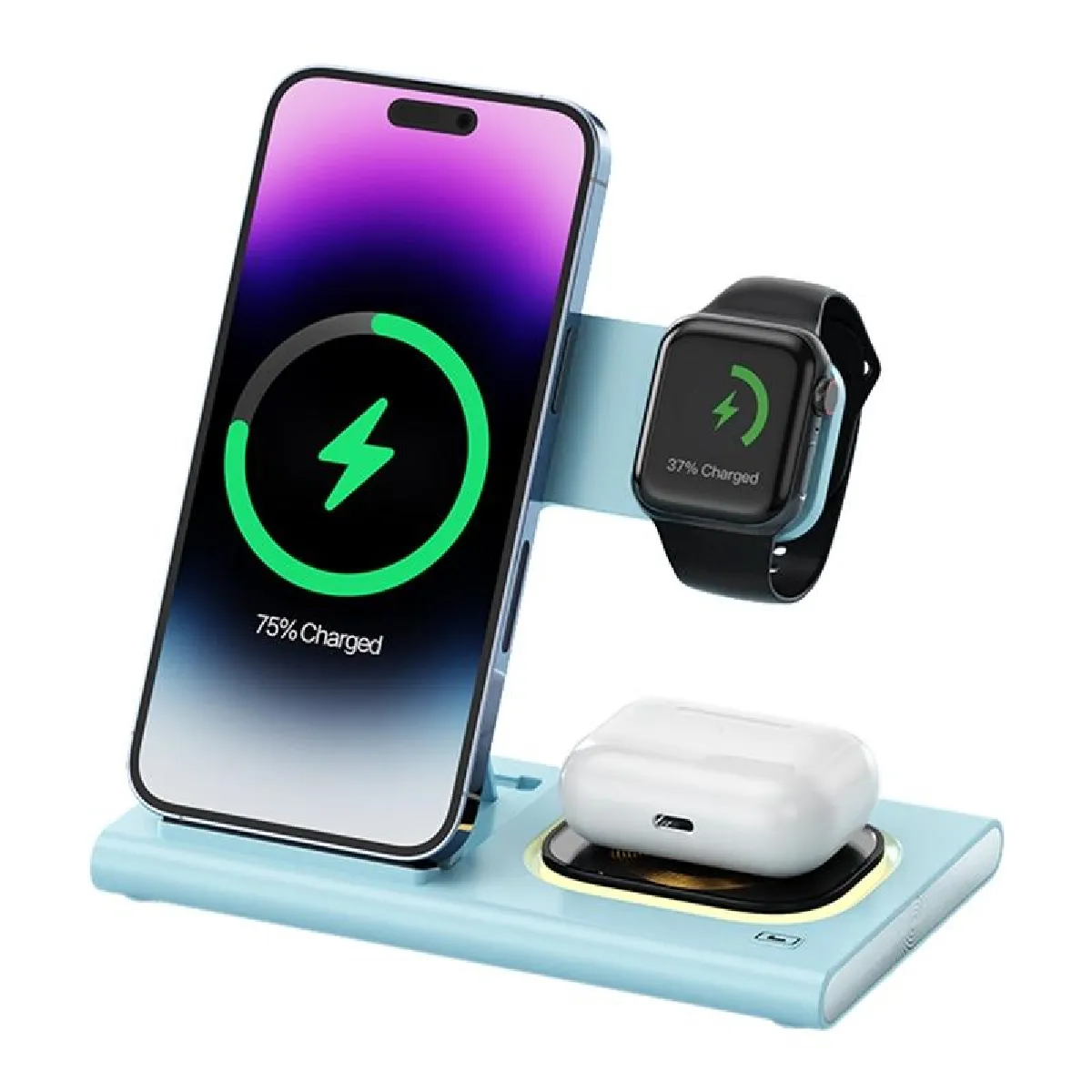 Yonis Bleu Station De Charge Sans Fil 3-En-1 - 22 W