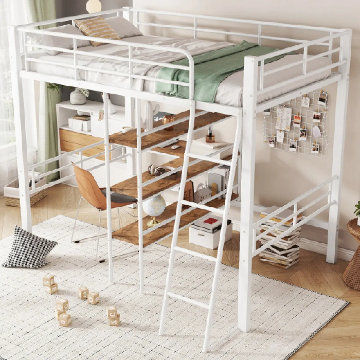 Lit mezzanine 90x200 cm avec bureau étagères et échelle en métal - vue 2