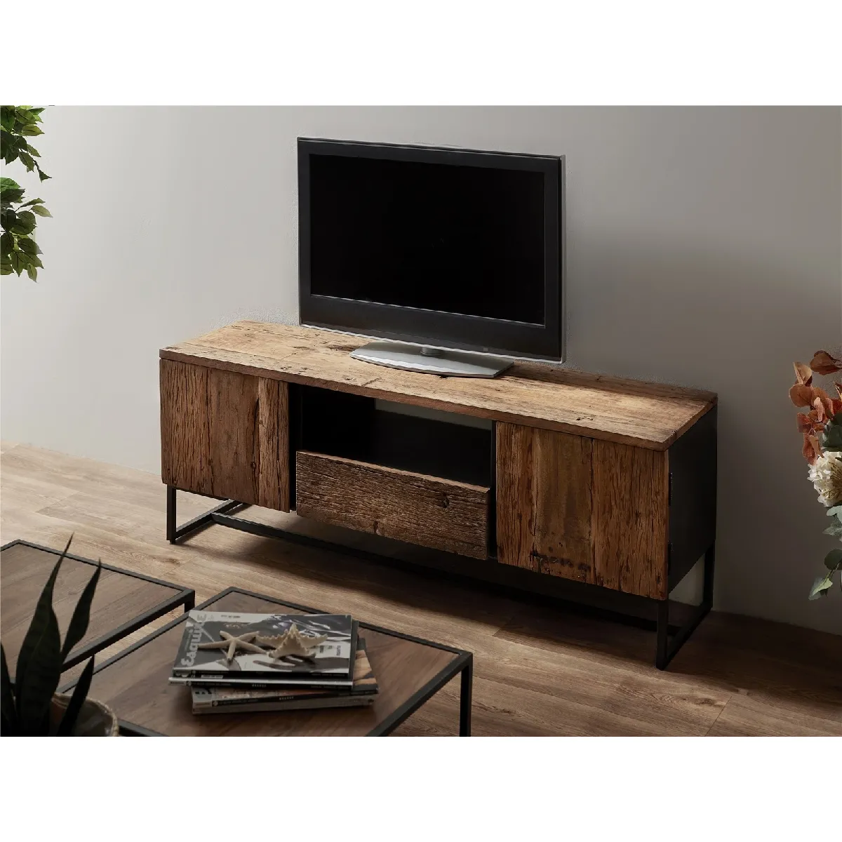 Meuble TV Lacerta, bois recyclé/acacia/métal, 145 x 40 x 55 cm