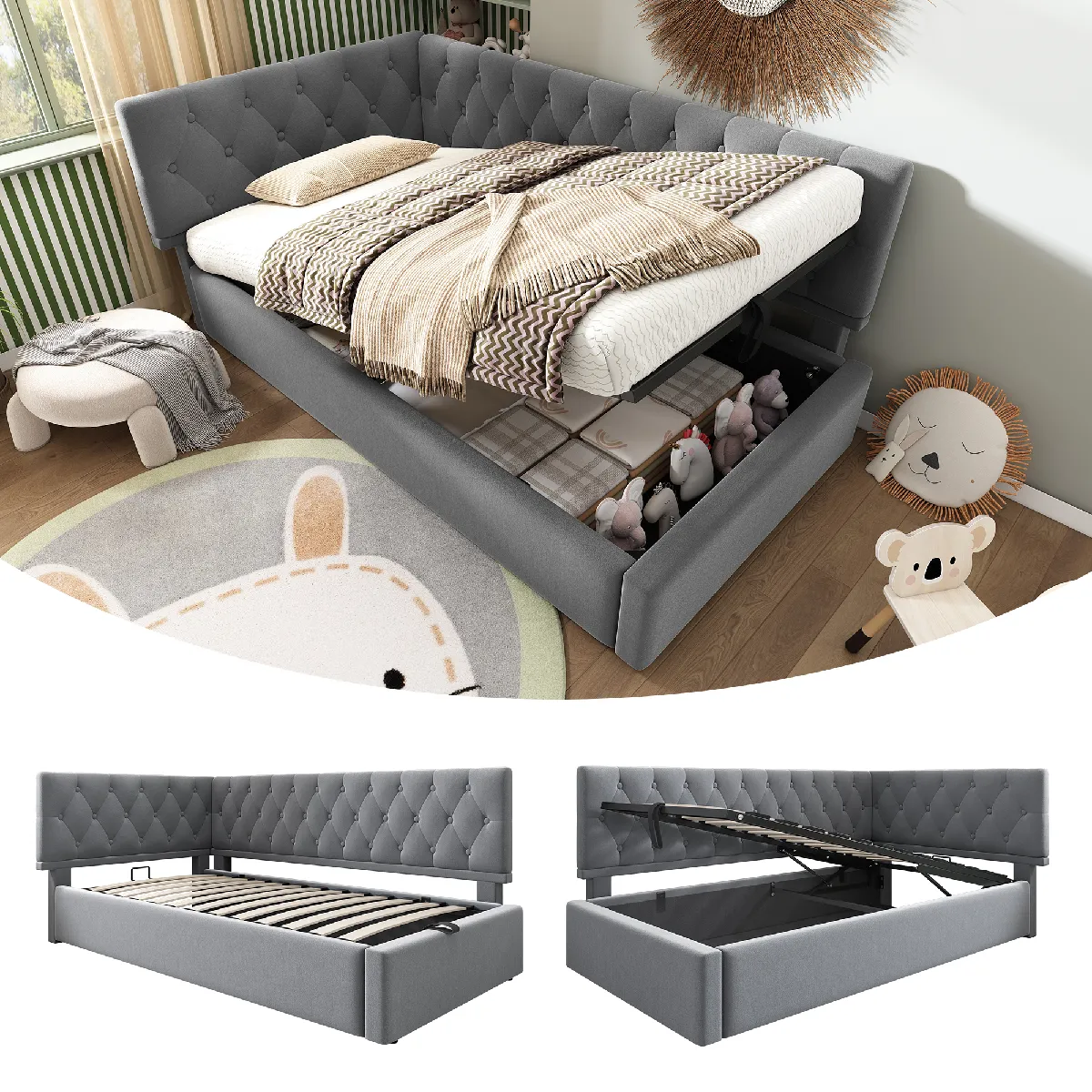 Lit capitonné/canapé 90x190, rangement hydraulique, enfant/ado, cadre lattes bois, velours gris (sans matelas)