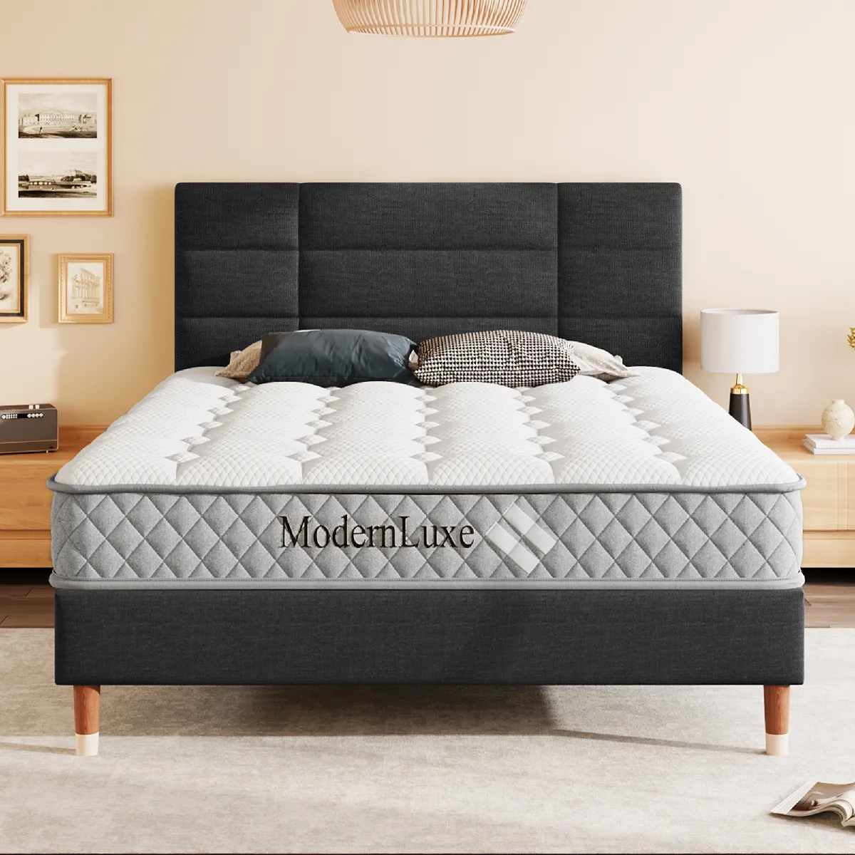 Lit double capitonné 140x200, cadre lattes, avec tête de lit, lin noir, adulte/ado (avec matelas)