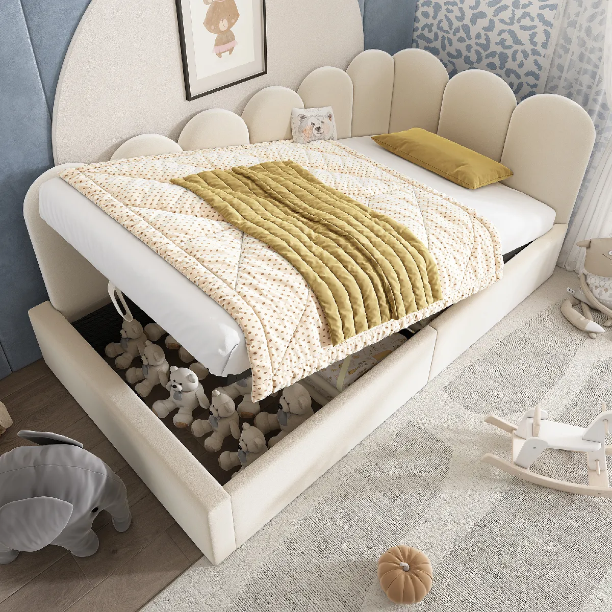 Lit canapé capitonné 90x200 enfant, rangement hydraulique, velours beige, cadre métal lattes (sans mat)