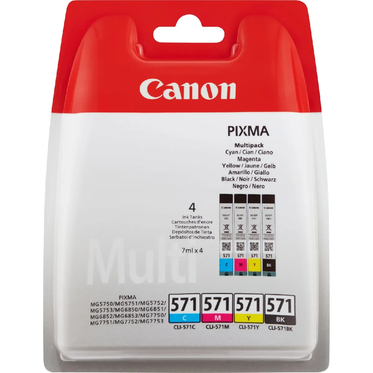 Canon CLI-571 Multipack Pack de 4 cartouches d'encre Noir, Cyan, Magenta, Jaune