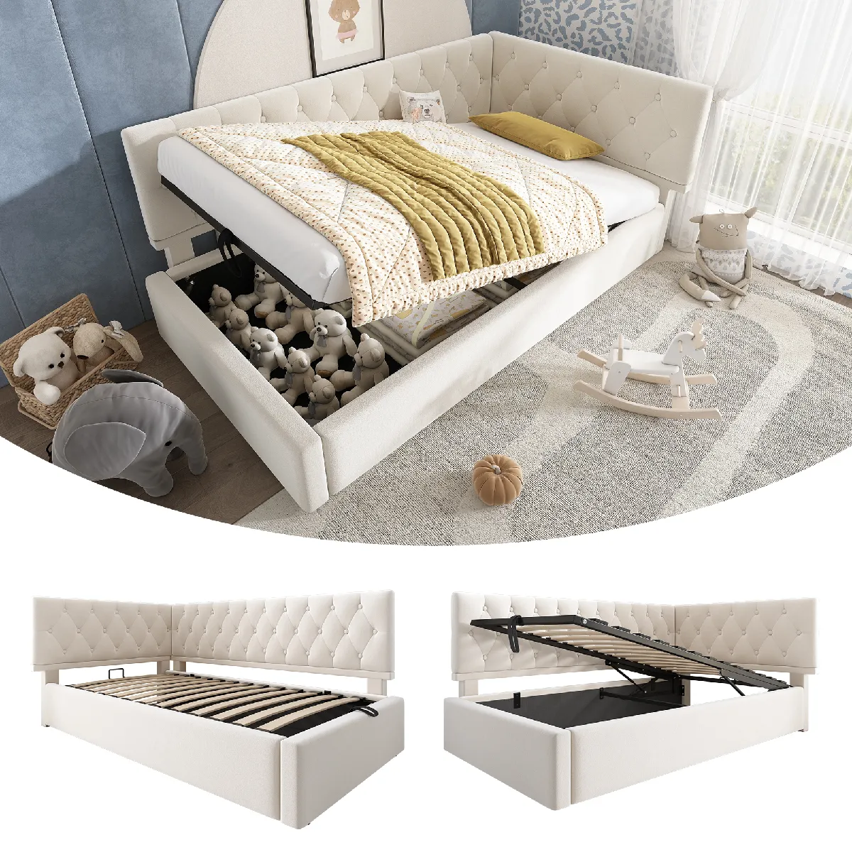 Lit capitonné/canapé 90x190, rangement hydraulique, enfant/ado, cadre lattes bois, velours beige (sans mat)