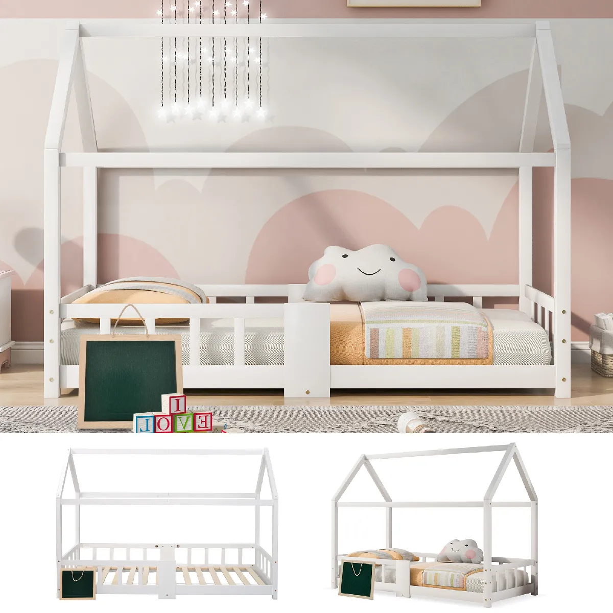Lit cabane enfant 90x200, tableau noir, cadre lattes, garde-corps, pin, blanc (sans matelas)