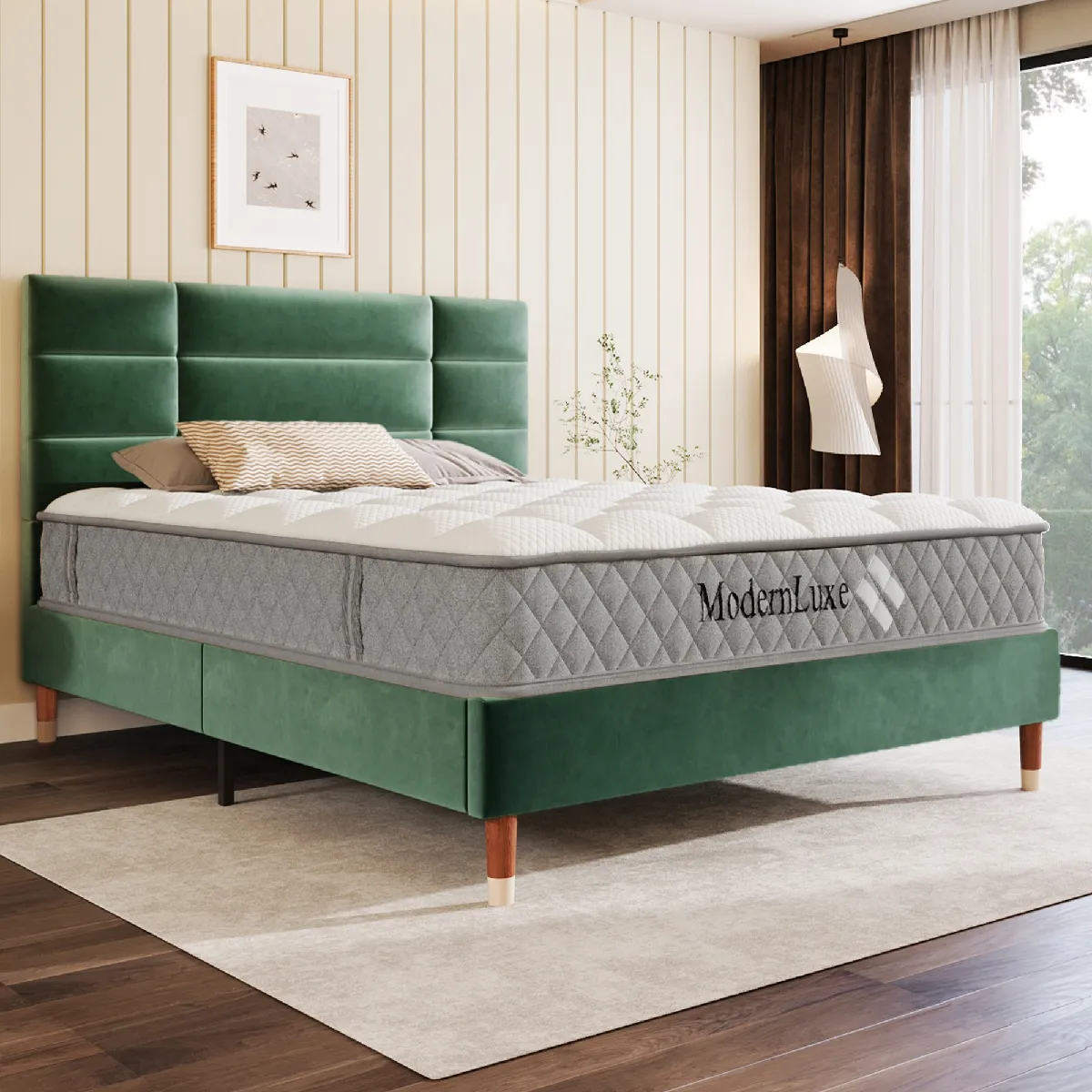 Lit double capitonné 140x200, cadre lattes, avec tête de lit, velours vert foncé, adulte/ado (avec matelas)