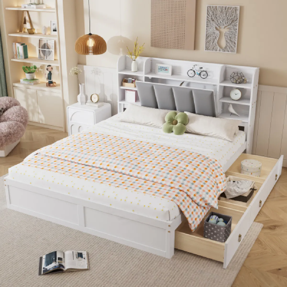 Lit adulte 160x200 cm avec étagères, 3 tiroirs et compartiment, en bois, blanc