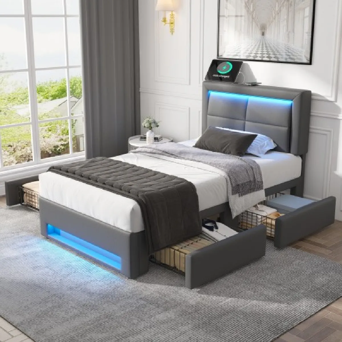 Lit enfant 90x190 cm avec USB, LED et 4 tiroirs, en similicuir, gris