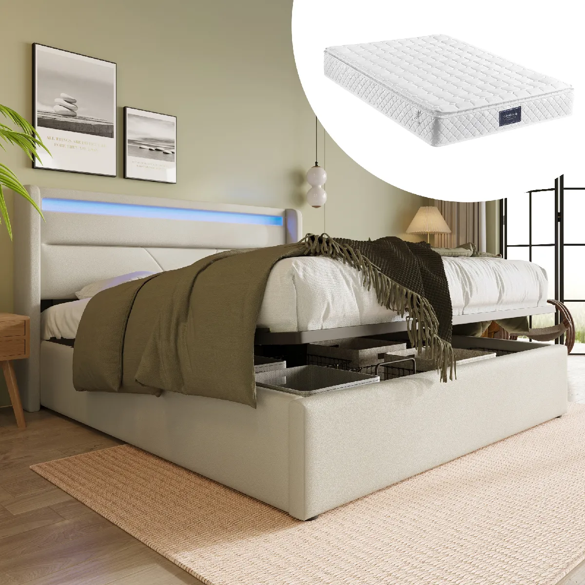 Lit rangement hydraulique LED, double, lit capitonné, 140x200, fonctionnel, blanc (avec matelas)