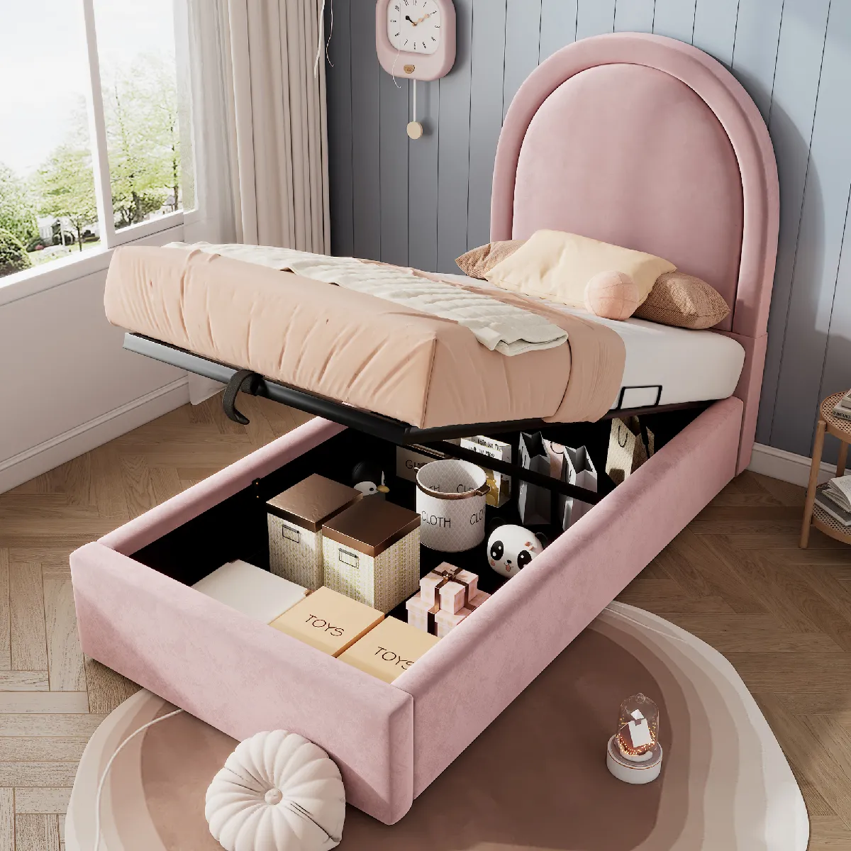 Lit capitonné enfant simple 90x200, rose, velours, garçon/fille (sans matelas)