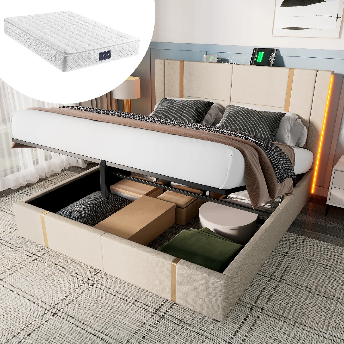 Lit double capitonné 140x200, USB-C App, LED, rangement, cadre lattes bois, lin beige (avec matelas)