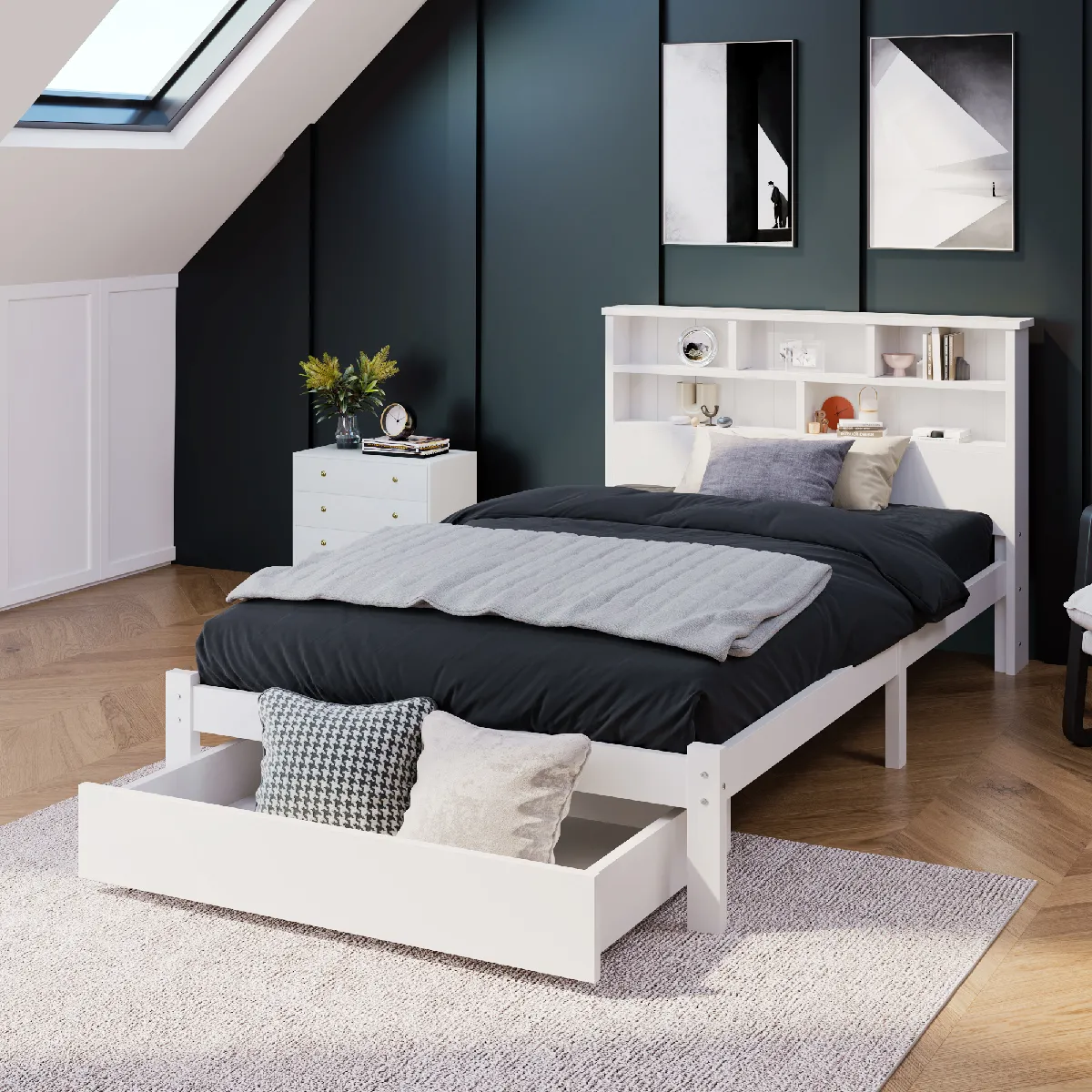 Lit simple bois massif 90x200, tiroirs, cadre lattes, étagères, ado/adulte, enfant, blanc