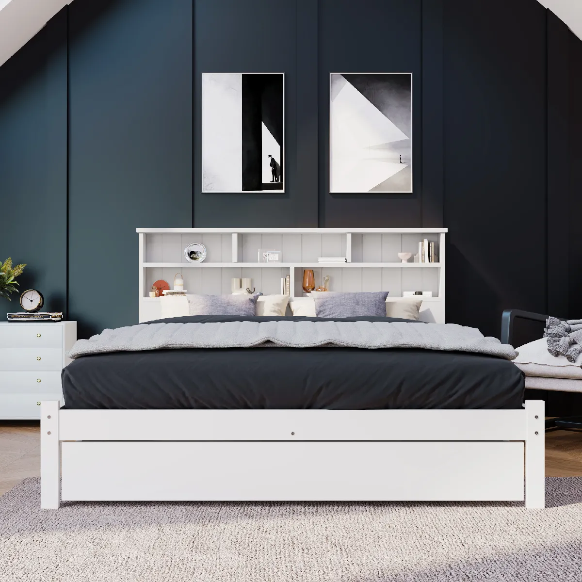Lit double bois massif 140x200, tiroirs, cadre lattes, étagères, ado/adulte, enfant, blanc