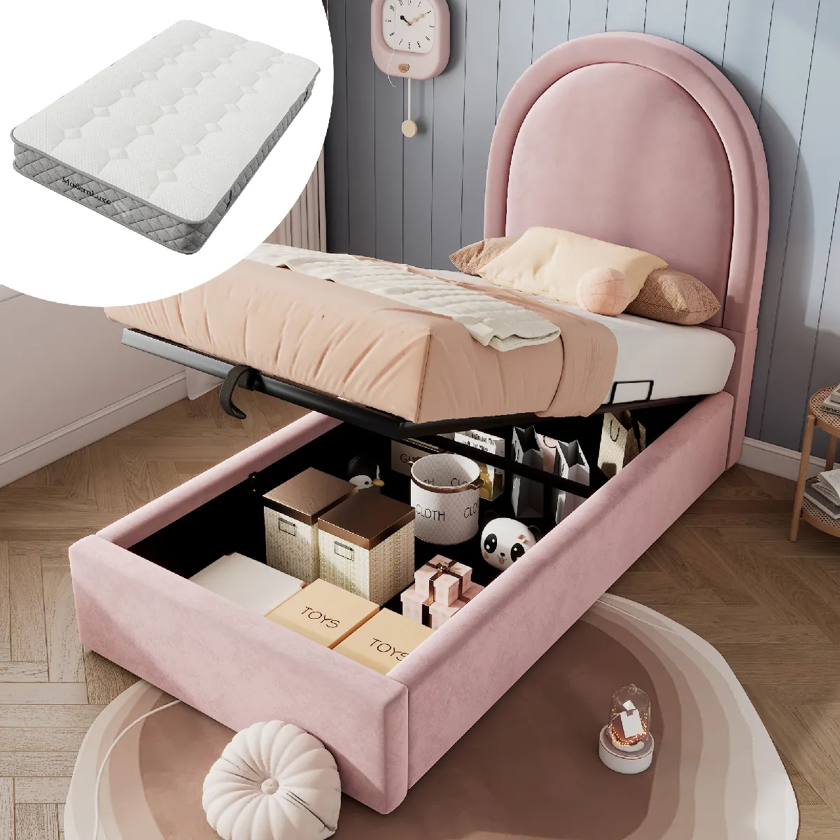 Lit capitonné enfant simple 90x200, rose, velours, garçon/fille (avec matelas)