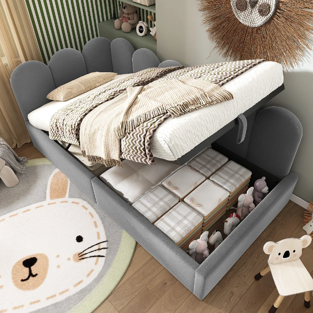 Lit canapé capitonné 90x200 enfant, rangement hydraulique, velours gris, cadre métal lattes (sans matelas)