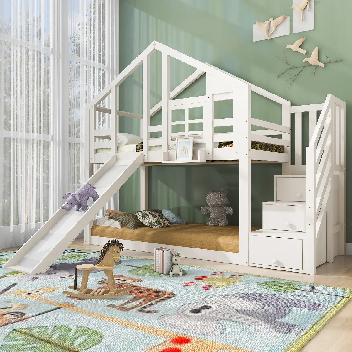 Lit cabane enfant 90x200cm avec toboggan, protection anti-chute, blanc, 2 cadres à lattes (sans matelas)