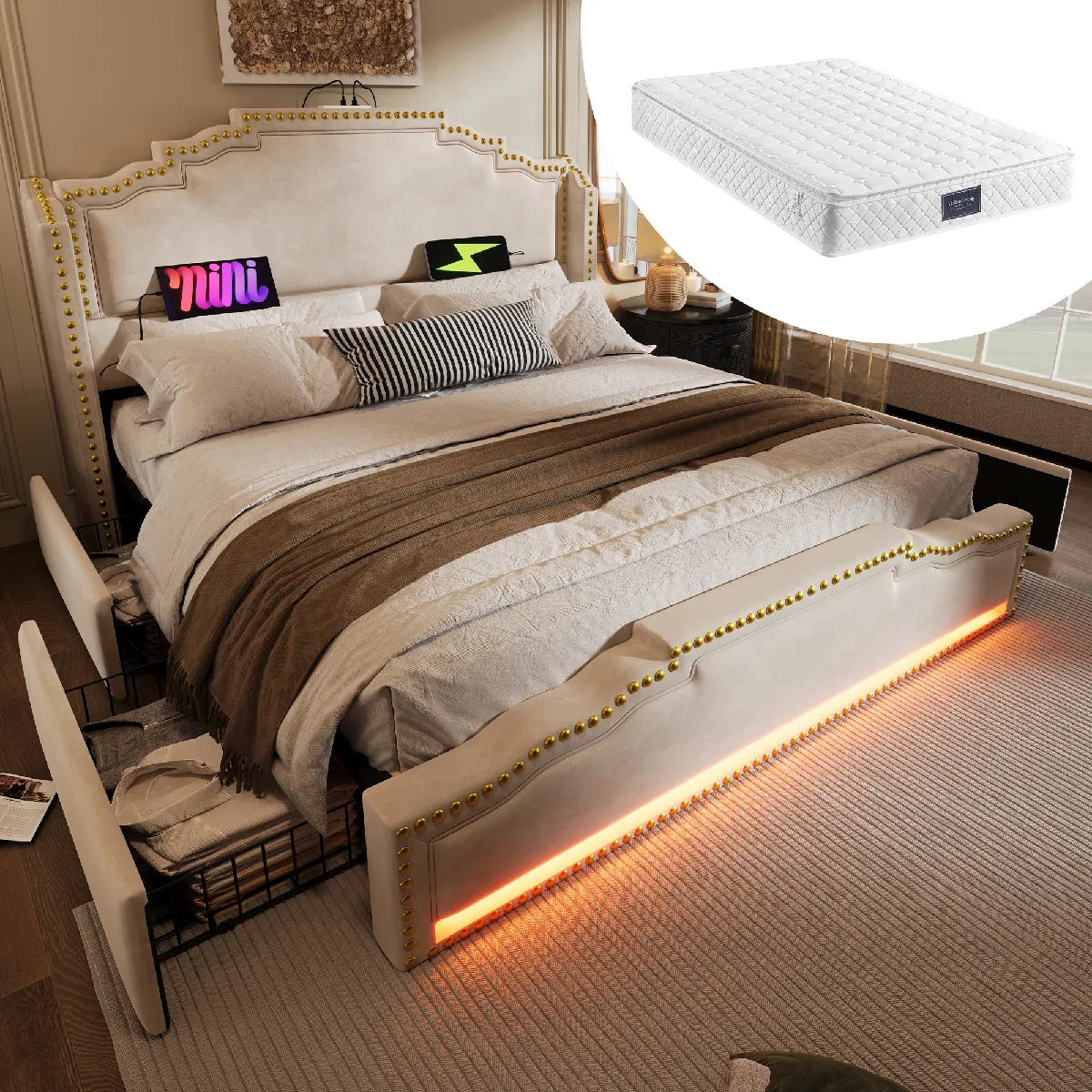 Lit double capitonné 140x200, 4 tiroirs, LED, USB-C, rangement, ado, cadre lattes, velours beige (avec matelas)