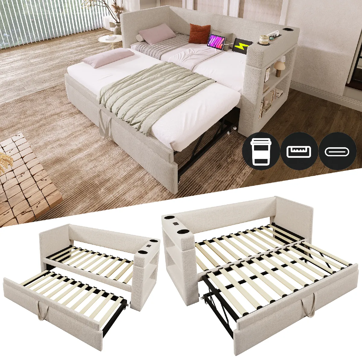 Lit canapé capitonné 90x190, extensible, accoudoirs USB/Type-C/porte-gobelet, mélange lin, beige (sans mat)