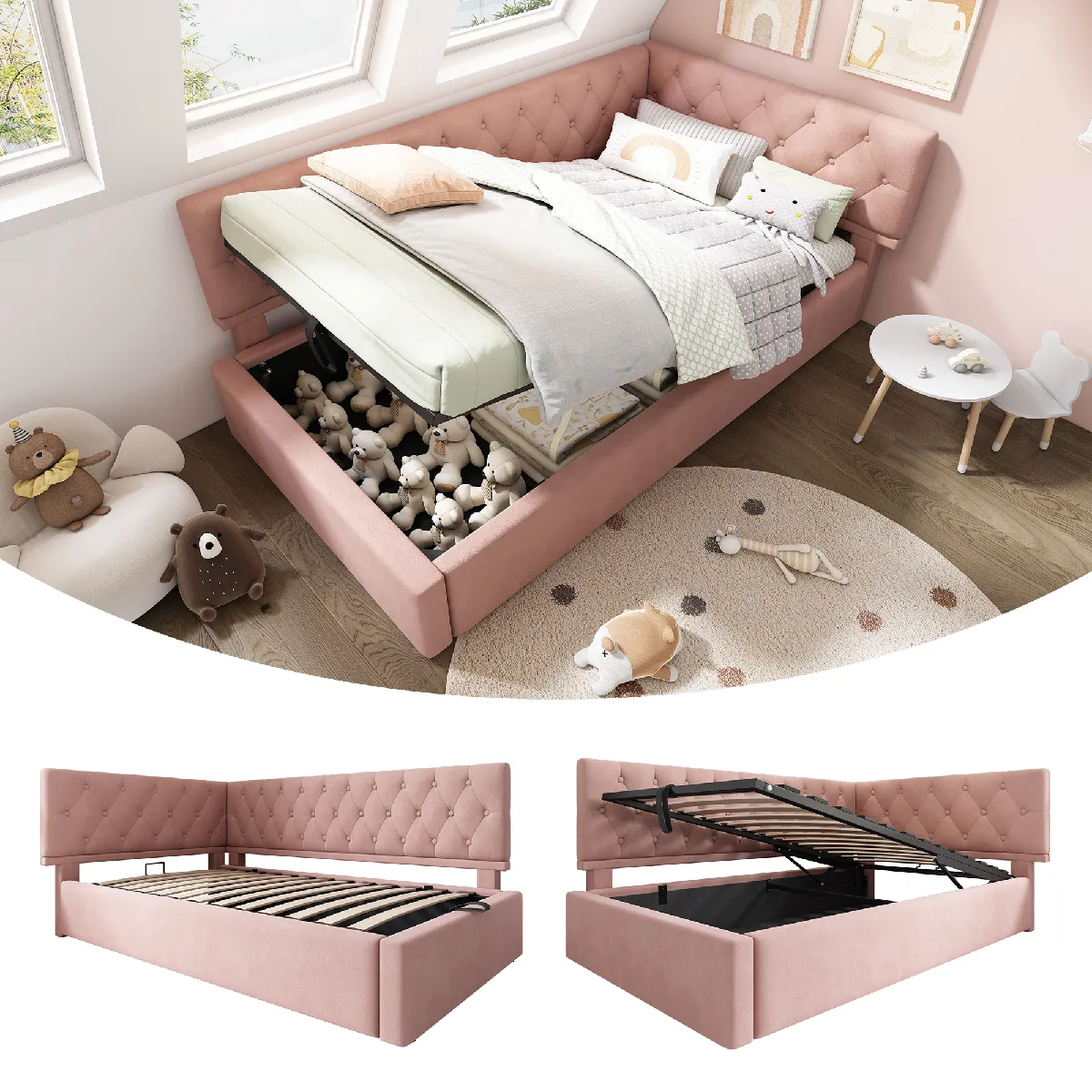 Lit capitonné/canapé 90x190, rangement hydraulique, enfant/ado, cadre lattes bois, velours rose (sans mat)
