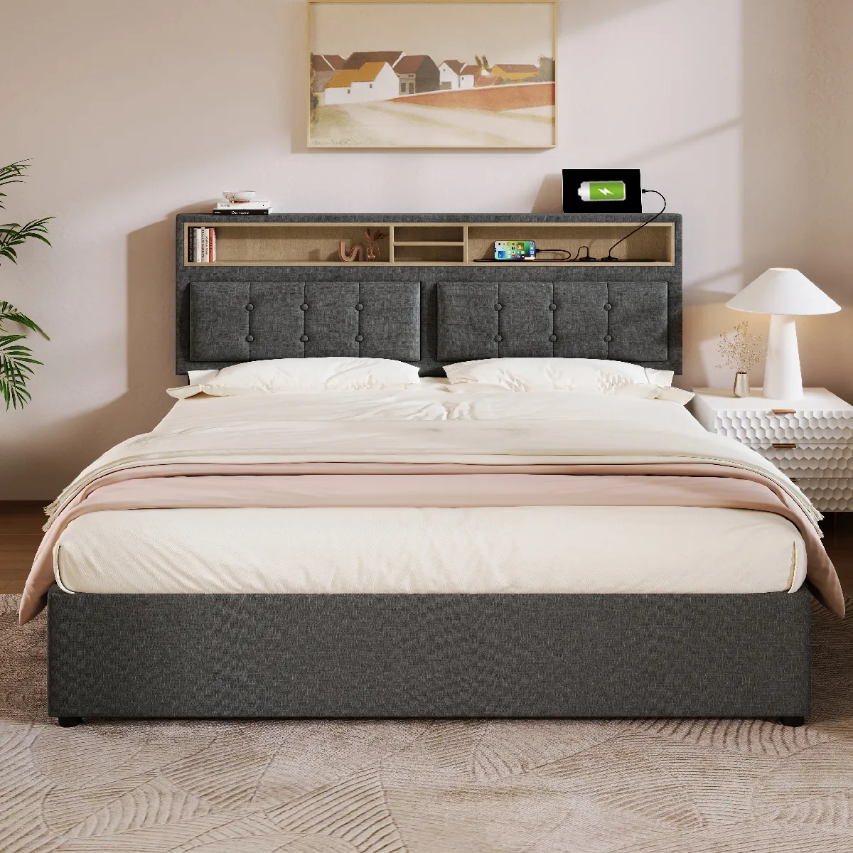 Lit Double 160x200 Cm Avec Tête De Lit Rembourrée, Ports USB, 4 Tiroirs Et Sommier à Lattes - Beige - Charge Max 300 Kg