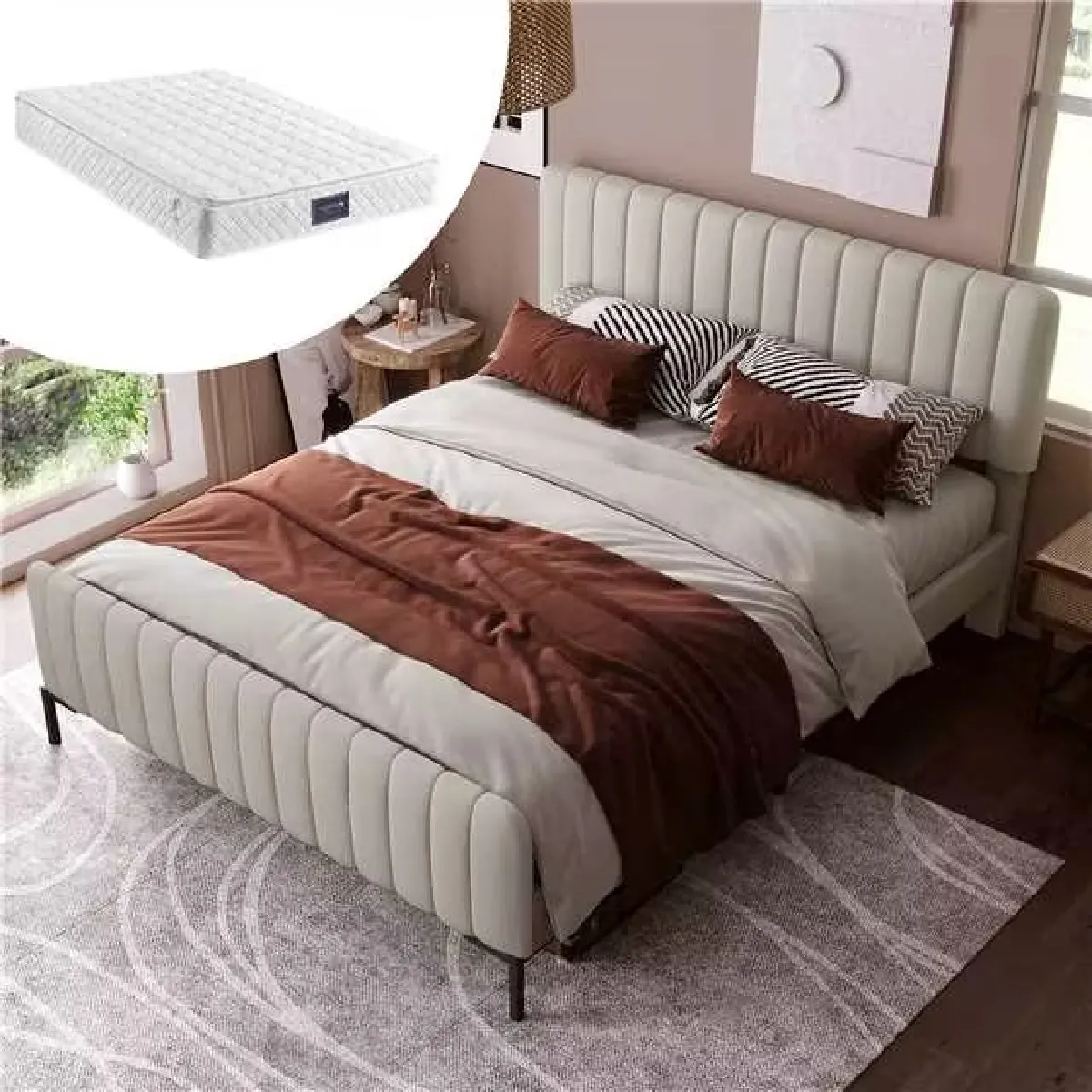 Lit simple capitonné 140x200, cadre lattes, tête réglable, gris-beige lin (avec matelas)