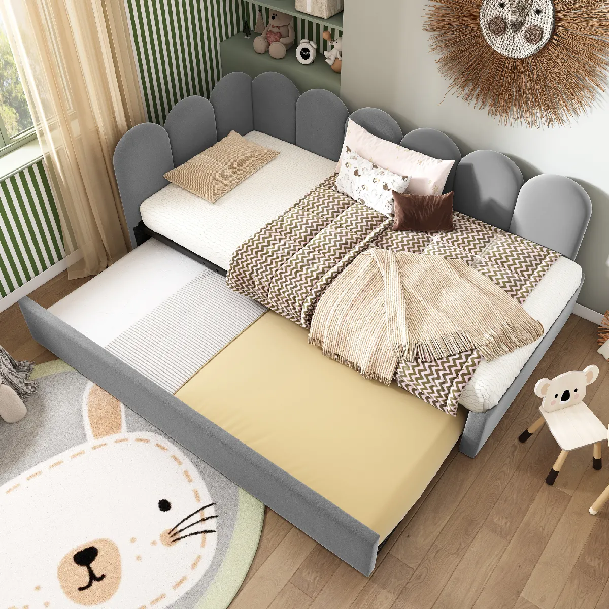 Lit canapé capitonné 90x200 / lit extensible 90x190, enfant, cadre lattes, velours gris (sans matelas)