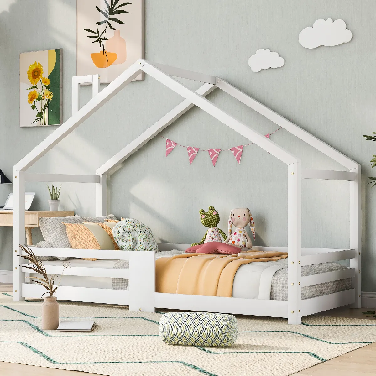Lit maisonnette enfant avec cheminée, protection, cadre lattes solide, pin 90x200cm, blanc (sans matelas)