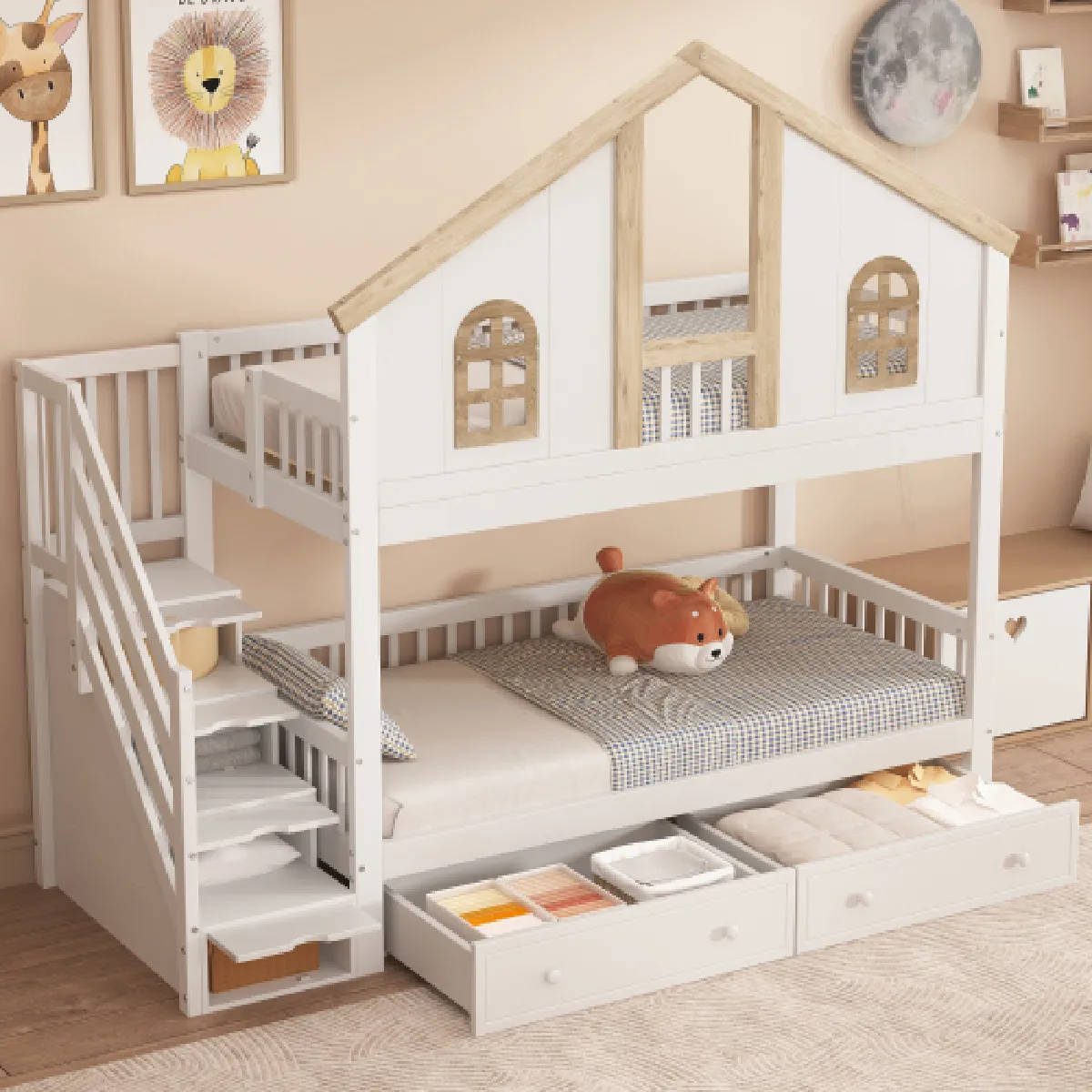 Lit superposé 90x200 cm avec barrière, fenêtre, 2 tiroirs et escalier, en bois, blanc